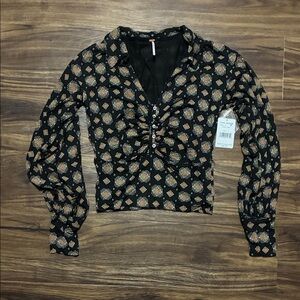 Free People Black Floral-Print Ruched Button-Front Blouse